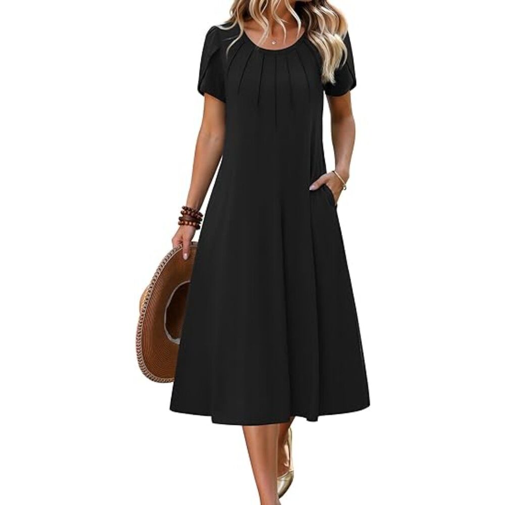 Women's Black Blend Crew Neck A Line Short Sleeve Casual Flowy Boho Sundress